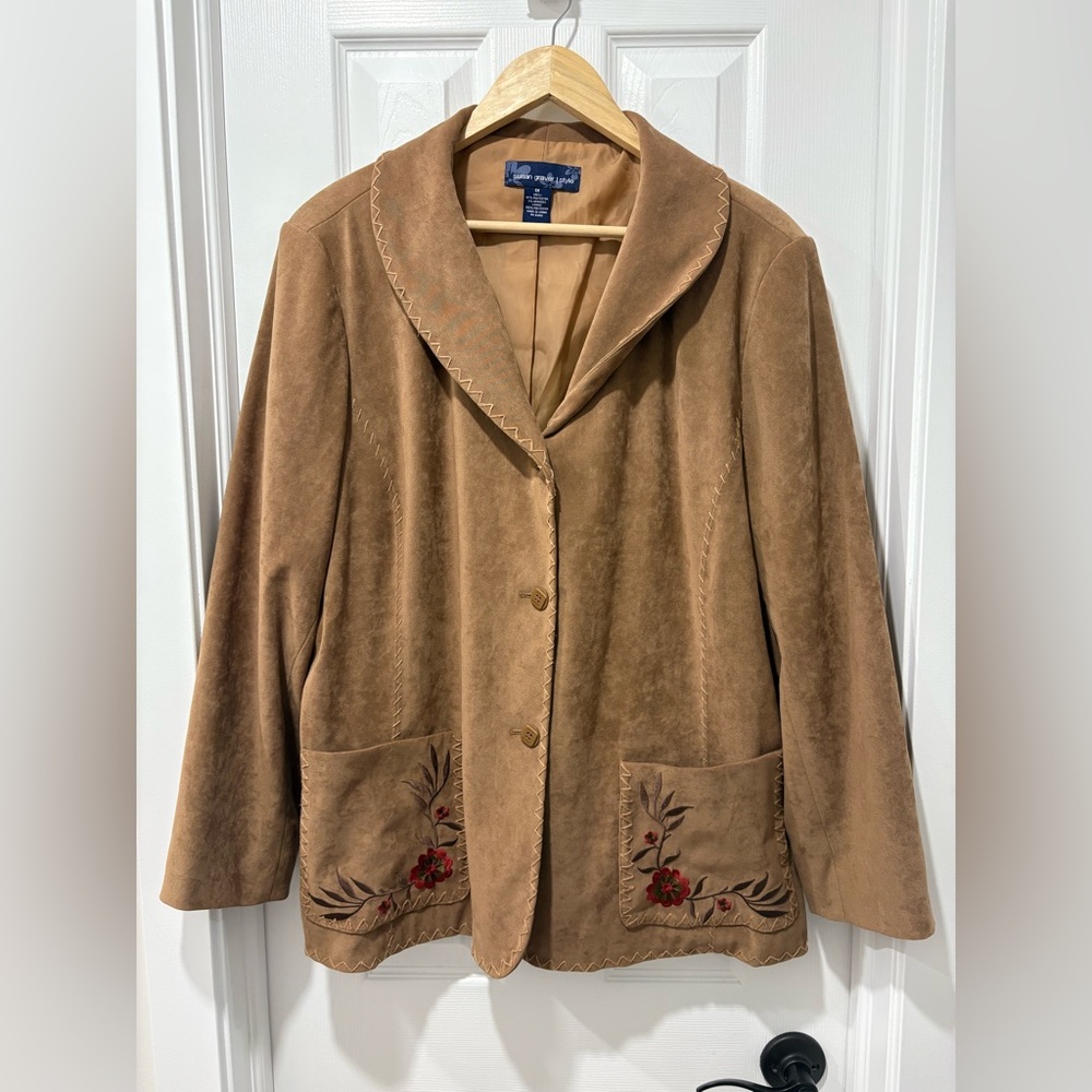Susan Graver Tan Embroidered Blazer floral faux suede CLEAR OUT SALE women’s